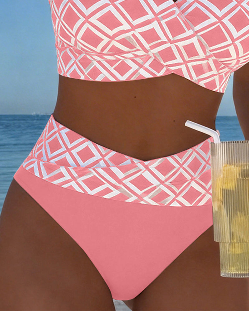 Bikini damskie w kratę z biustonoszem bez fiszbin i wysoko wyciętymi majtkami