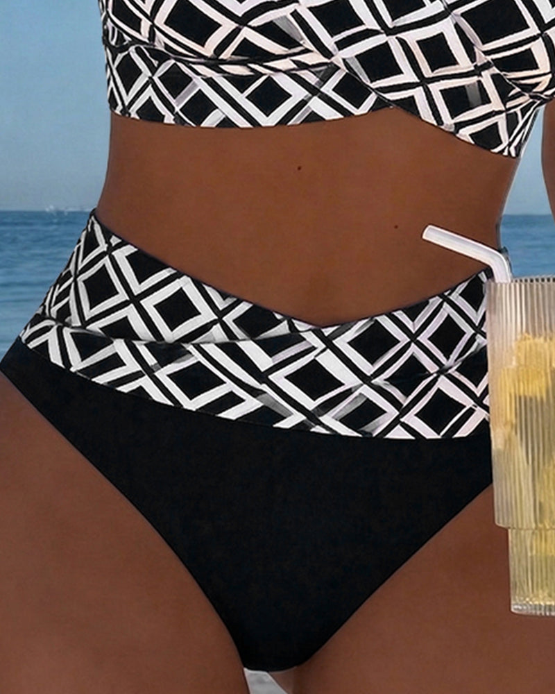 Bikini damskie w kratę z biustonoszem bez fiszbin i wysoko wyciętymi majtkami
