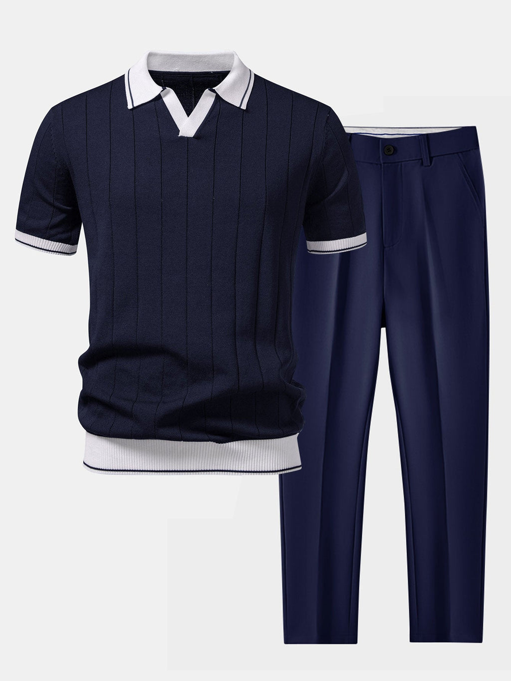 Prążkowane Polo Dzianinowe i Zwężane Spodnie Komplet Smart Casual dla Mężczyzn