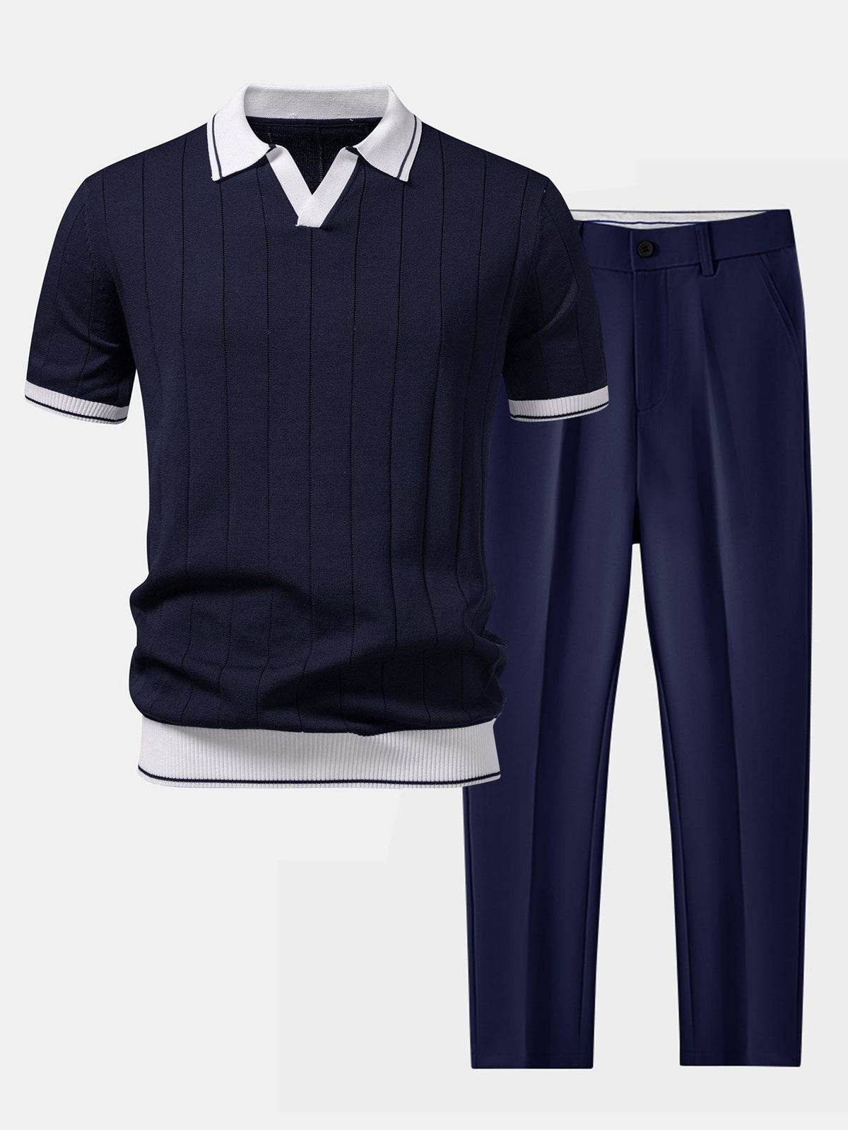 Prążkowane Polo Dzianinowe i Zwężane Spodnie Komplet Smart Casual dla Mężczyzn