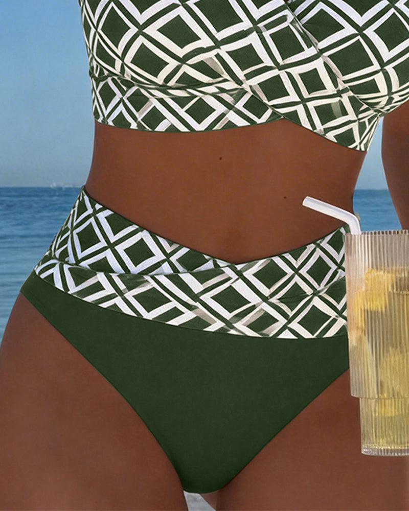 Bikini damskie w kratę z biustonoszem bez fiszbin i wysoko wyciętymi majtkami