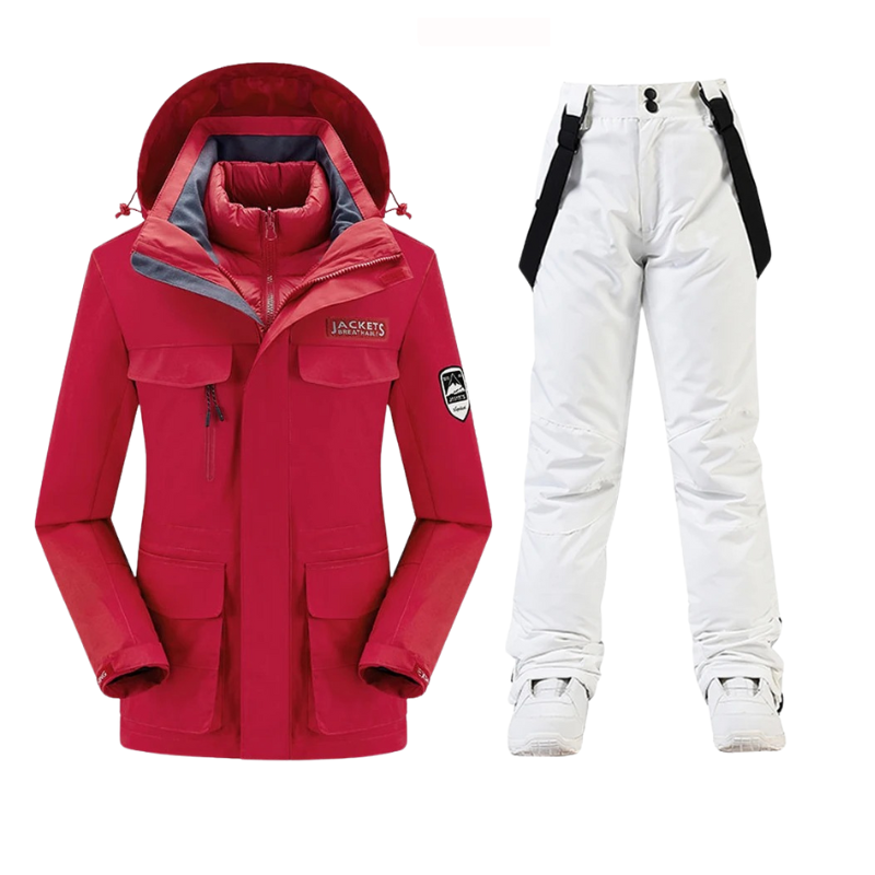 Zestaw narciarski damski czerwono biały z kurtką i spodniami | Sporty zimowe