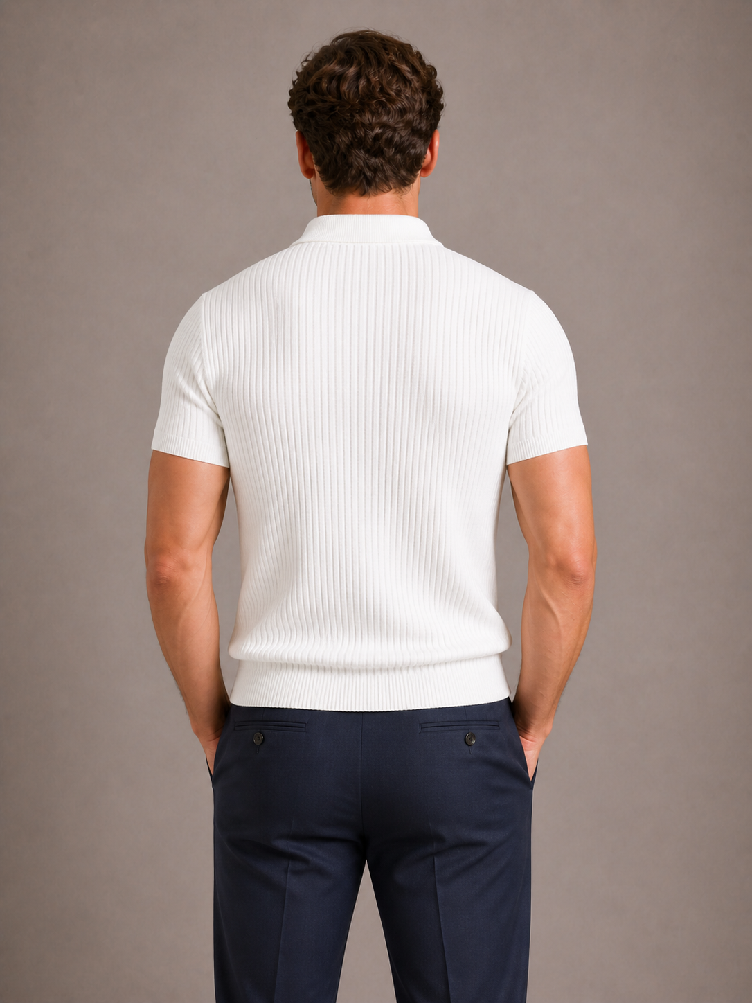 Koszulka polo męska prążkowana slim fit z zamkiem błyskawicznym i krótkim