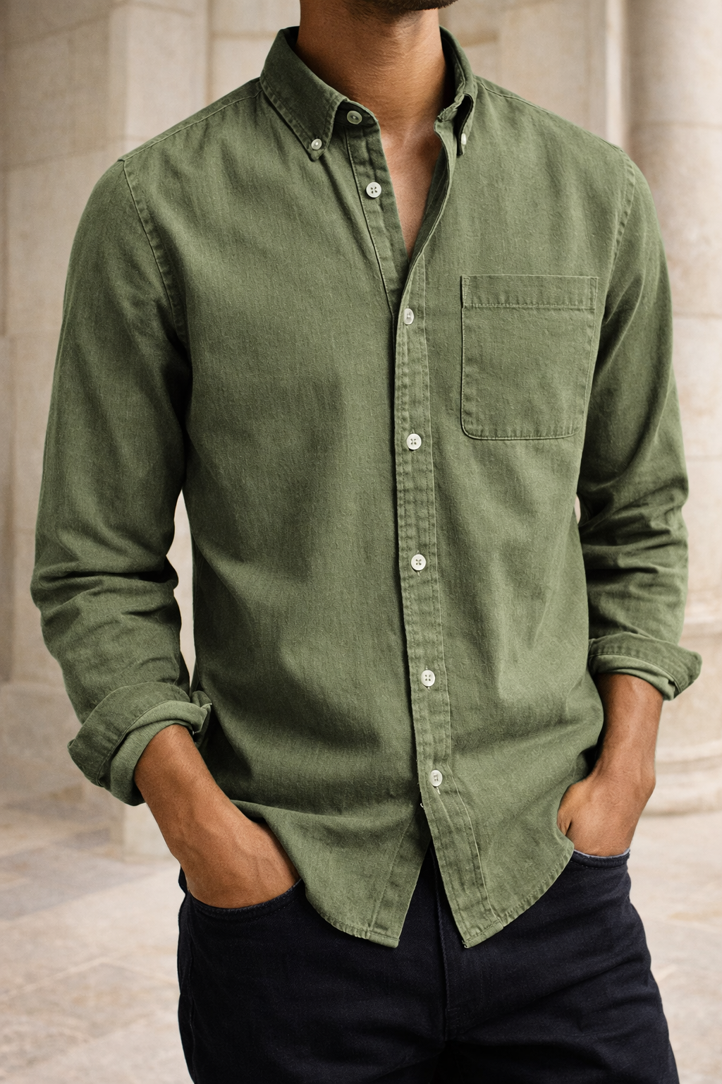 Koszula bawełniana męska z kołnierzykiem button down i kieszenią | Smart Casual