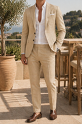 Beżowy Garnitur Lniany Dwuczęściowy Slim Fit Męski