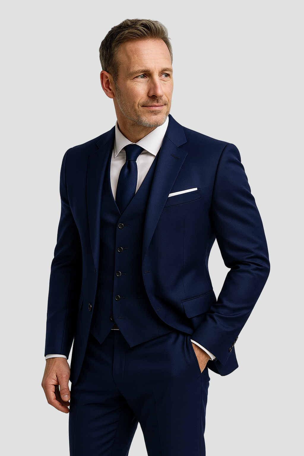 Granatowy Garnitur Slim Fit Trzyczęściowy Formalny z Kamizelką dla Mężczyzn