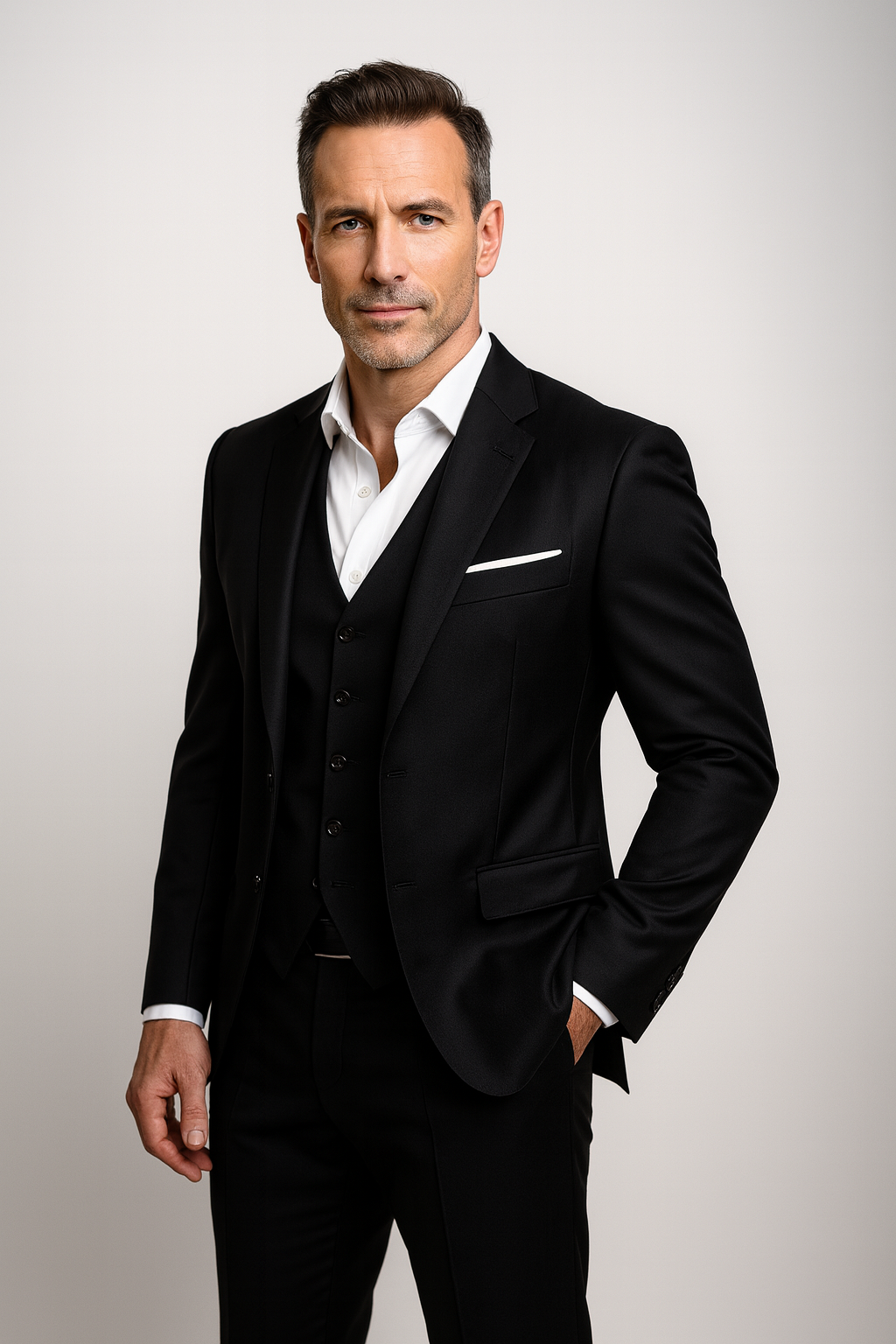 Granatowy Garnitur Slim Fit Trzyczęściowy Formalny z Kamizelką dla Mężczyzn