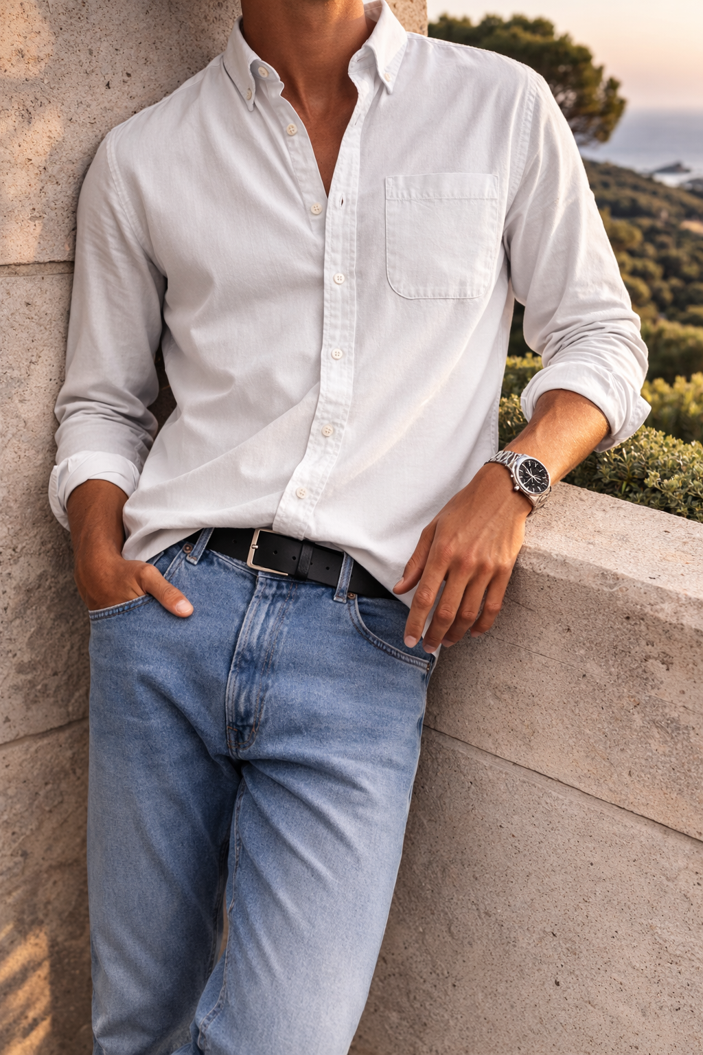 Koszula bawełniana męska z kołnierzykiem button down i kieszenią | Smart Casual