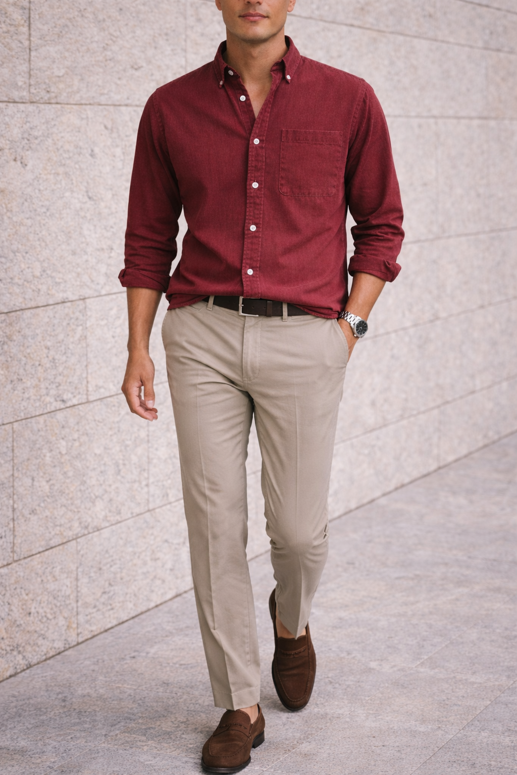 Koszula bawełniana męska z kołnierzykiem button down i kieszenią | Smart Casual