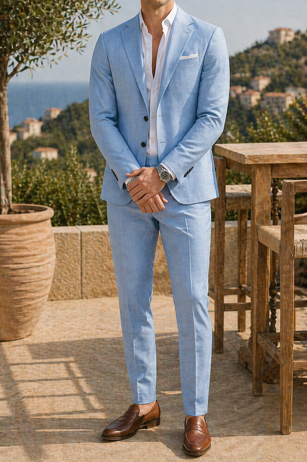Beżowy Garnitur Lniany Dwuczęściowy Slim Fit Męski