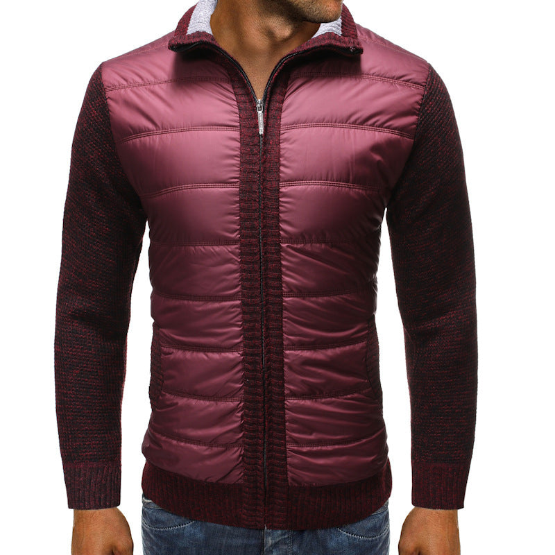 Kurtka hybrydowa pikowana męska z dzianinowymi rękawami i stójką na suwak