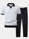Prążkowane Polo Dzianinowe i Zwężane Spodnie Komplet Smart Casual dla Mężczyzn