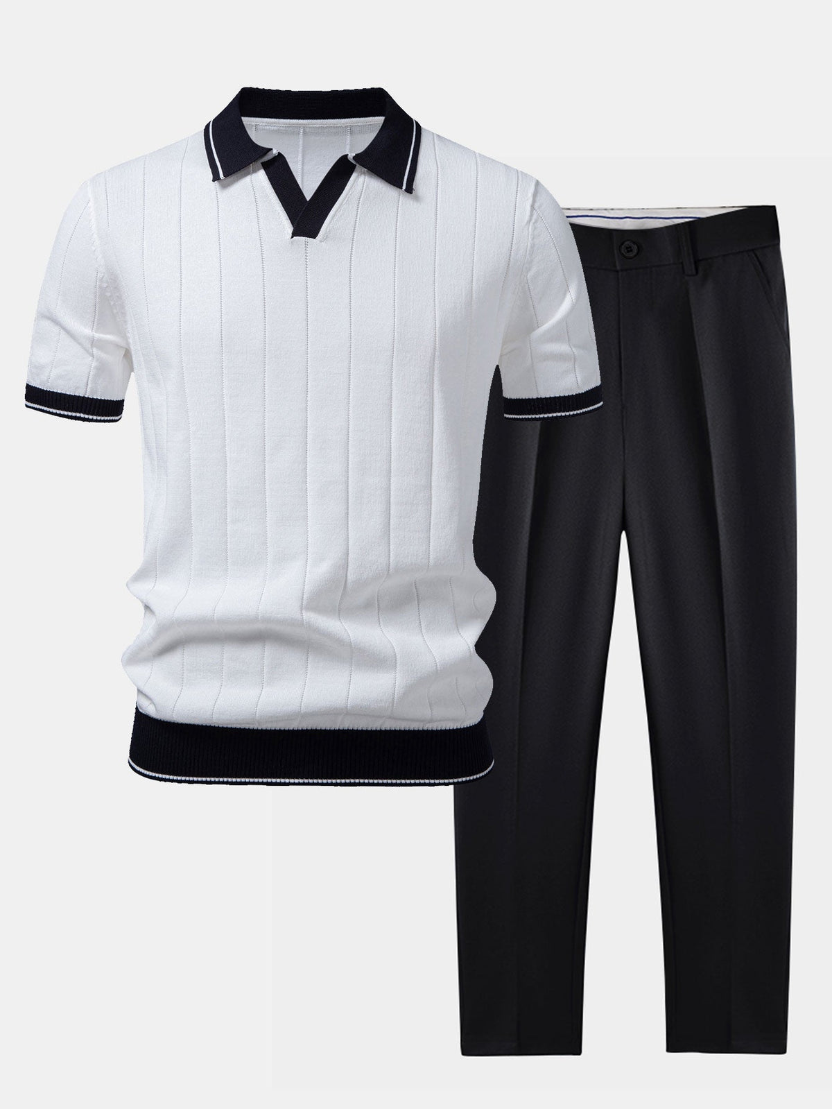 Prążkowane Polo Dzianinowe i Zwężane Spodnie Komplet Smart Casual dla Mężczyzn