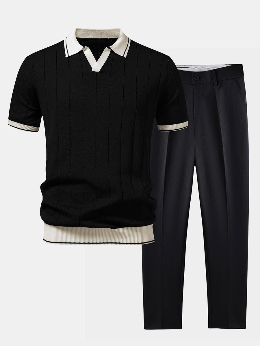 Prążkowane Polo Dzianinowe i Zwężane Spodnie Komplet Smart Casual dla Mężczyzn