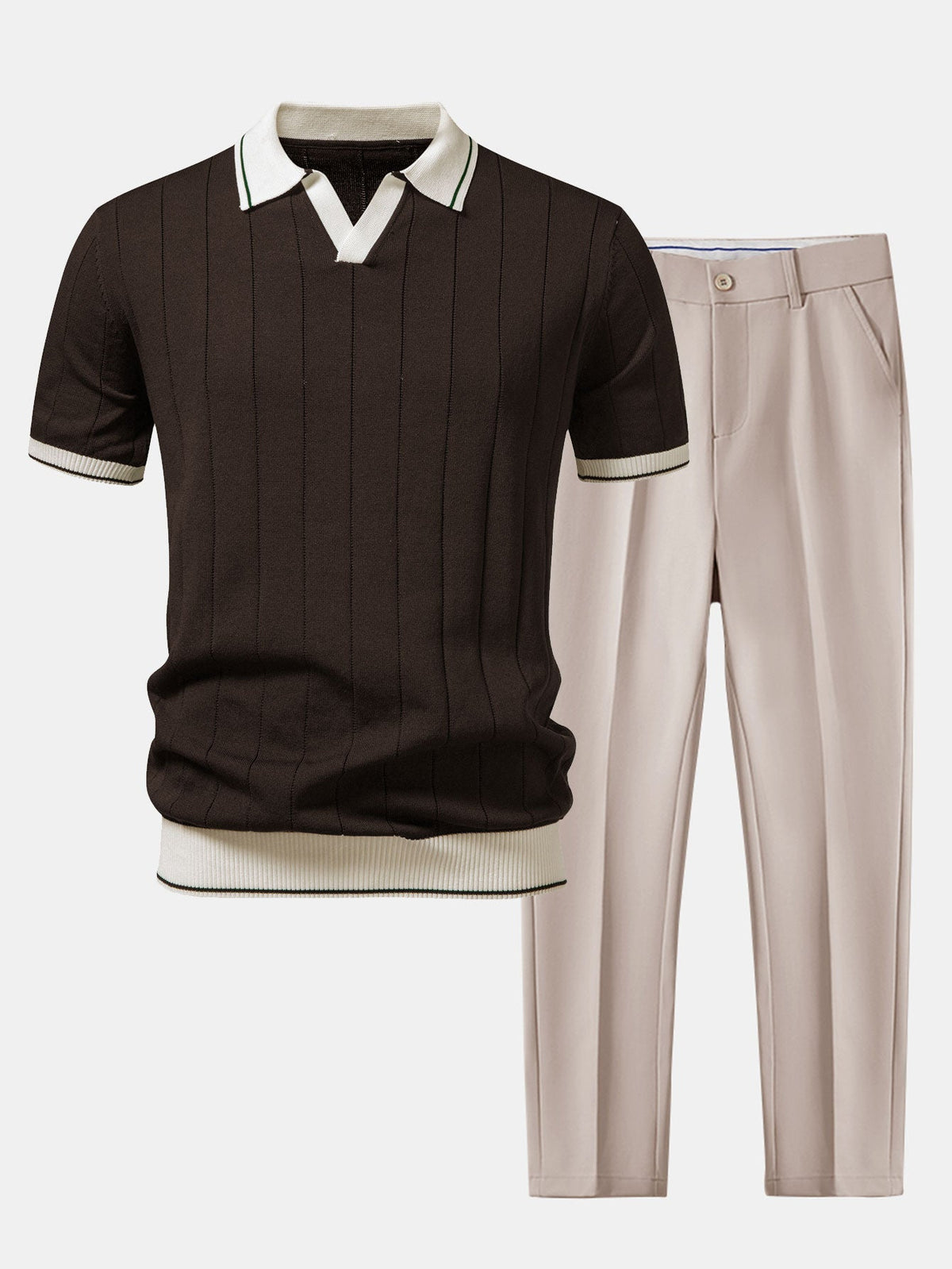 Prążkowane Polo Dzianinowe i Zwężane Spodnie Komplet Smart Casual dla Mężczyzn