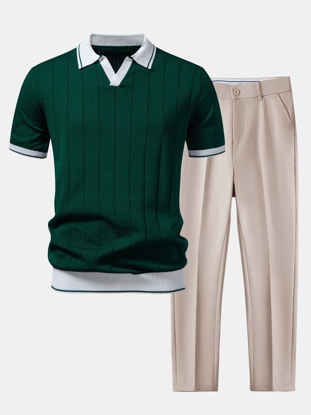 Prążkowane Polo Dzianinowe i Zwężane Spodnie Komplet Smart Casual dla Mężczyzn