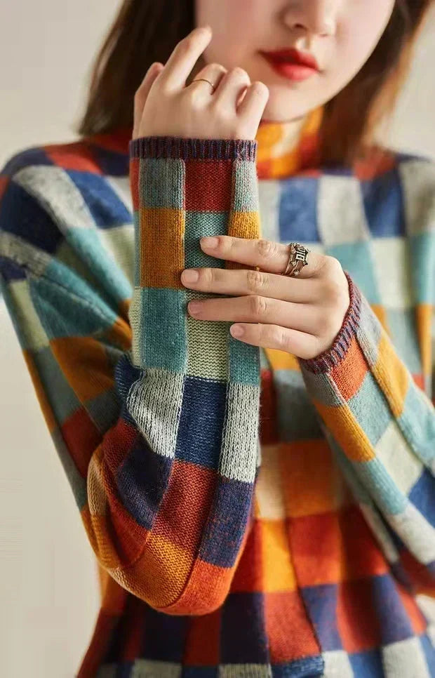 Sweter Damski | Wzór w Kratę, Krój Oversize oraz Gruba Ciepła Dzianina