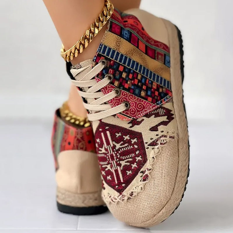 Sneakersy wysokie wzorzyste na platformie sznurowane damskie | Kolekcja boho