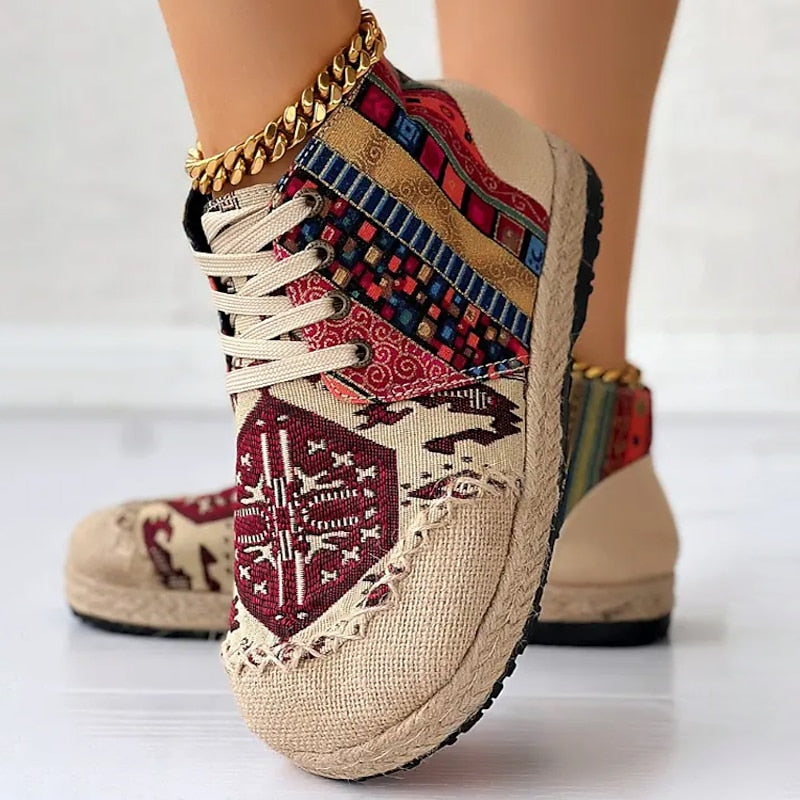 Sneakersy wysokie wzorzyste na platformie sznurowane damskie | Kolekcja boho