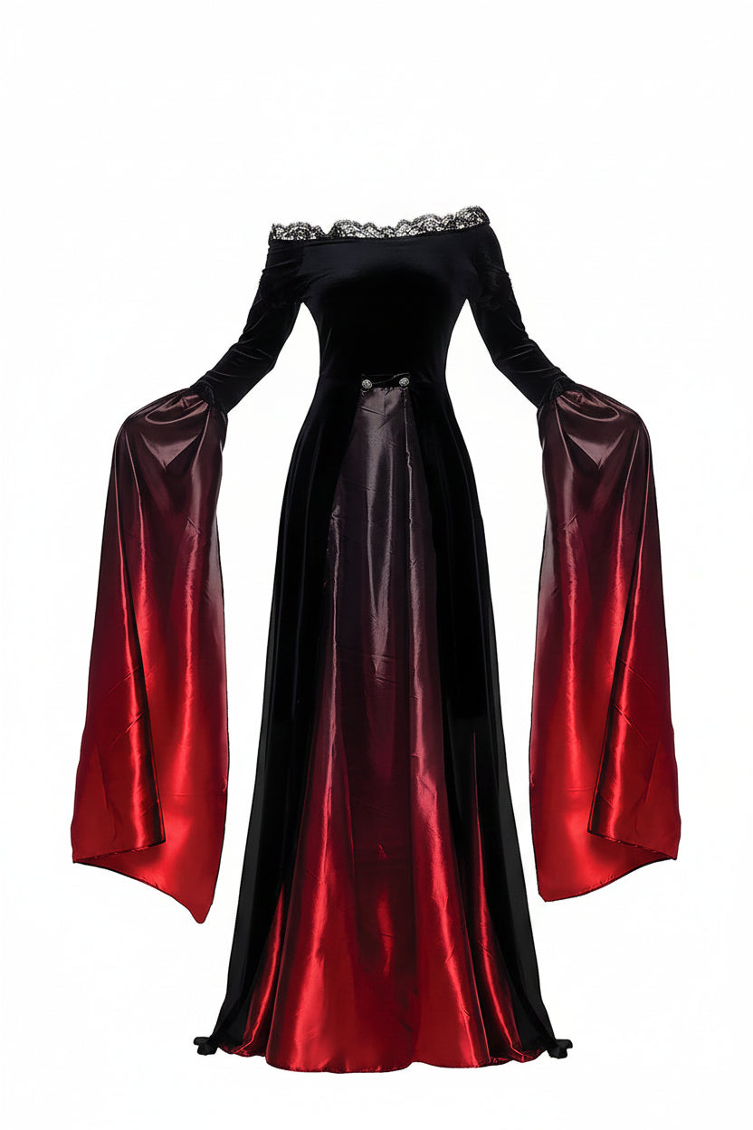 Sukienka damska czarna ombré z koronką i rękawami trąbkowymi | Kostium Halloween