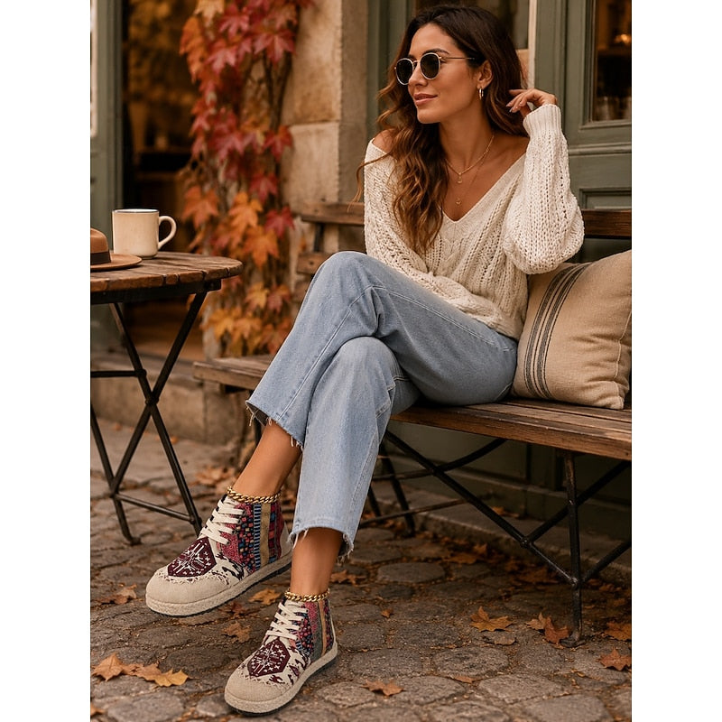 Sneakersy wysokie wzorzyste na platformie sznurowane damskie | Kolekcja boho