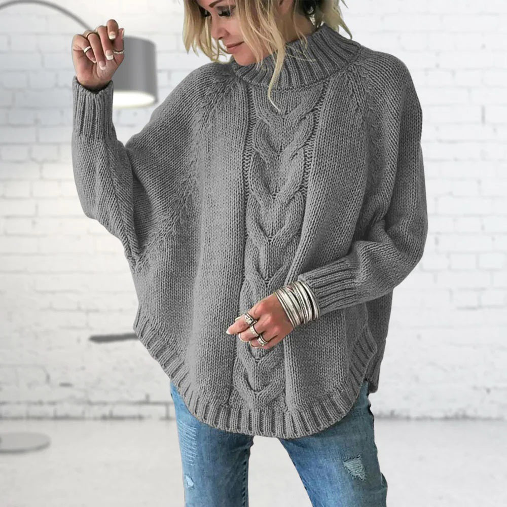 Sweter Damski | Gruby Splot, Krój poniżej Bioder i Okrągły Dekolt