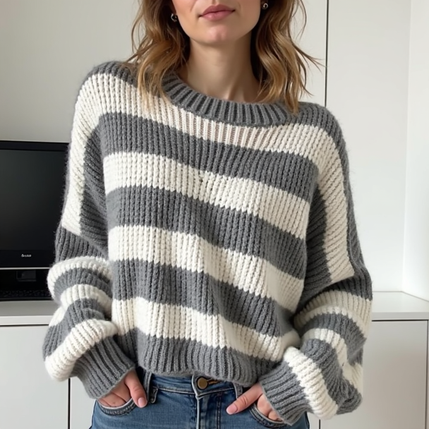 Sweter Damski | Wzór w Paski z Dzianiny do Jeansów i Spodni Wizytowych