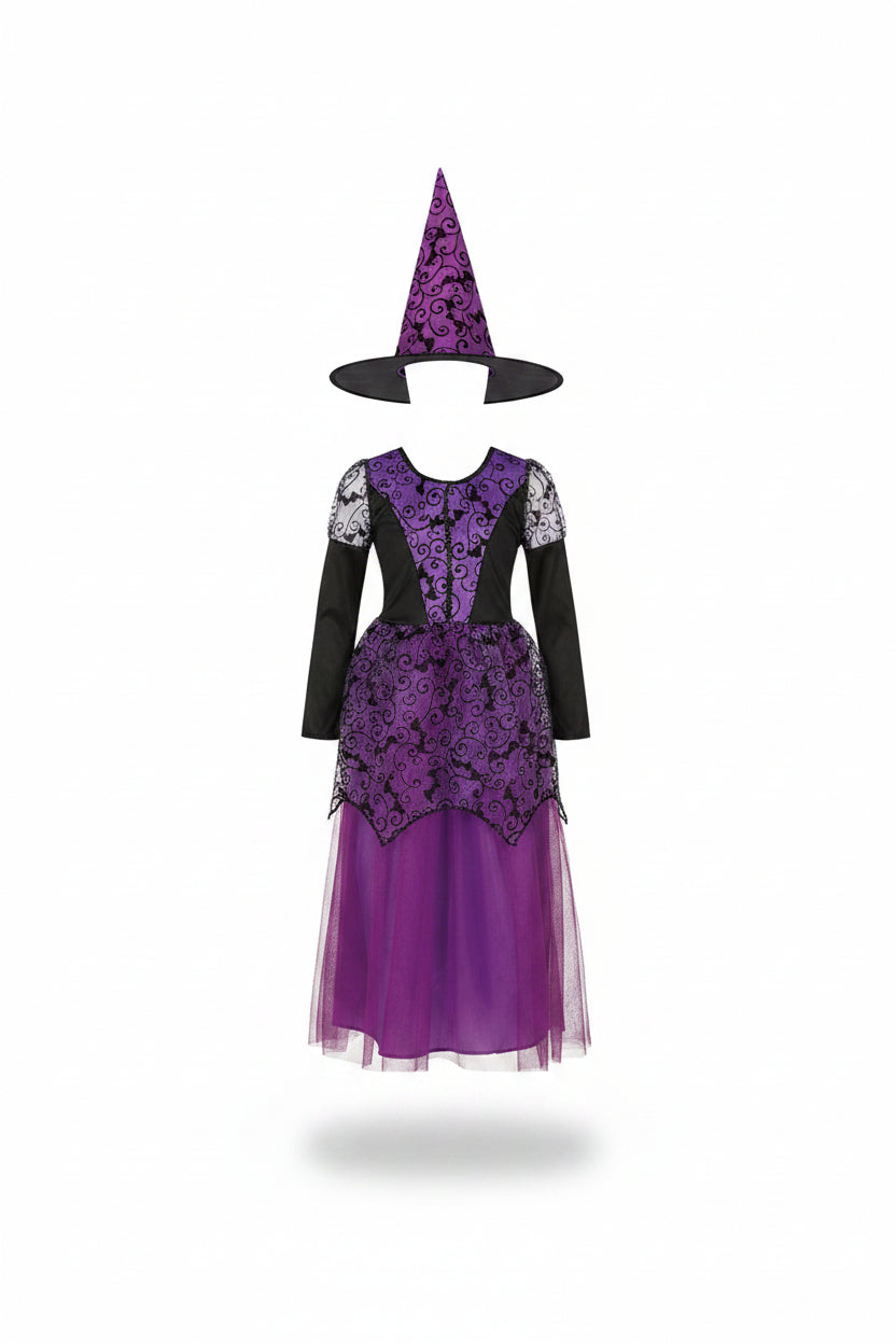 Fioletowy Kostium Czarownicy z Kapeluszem dla Dziewczynek | Halloween