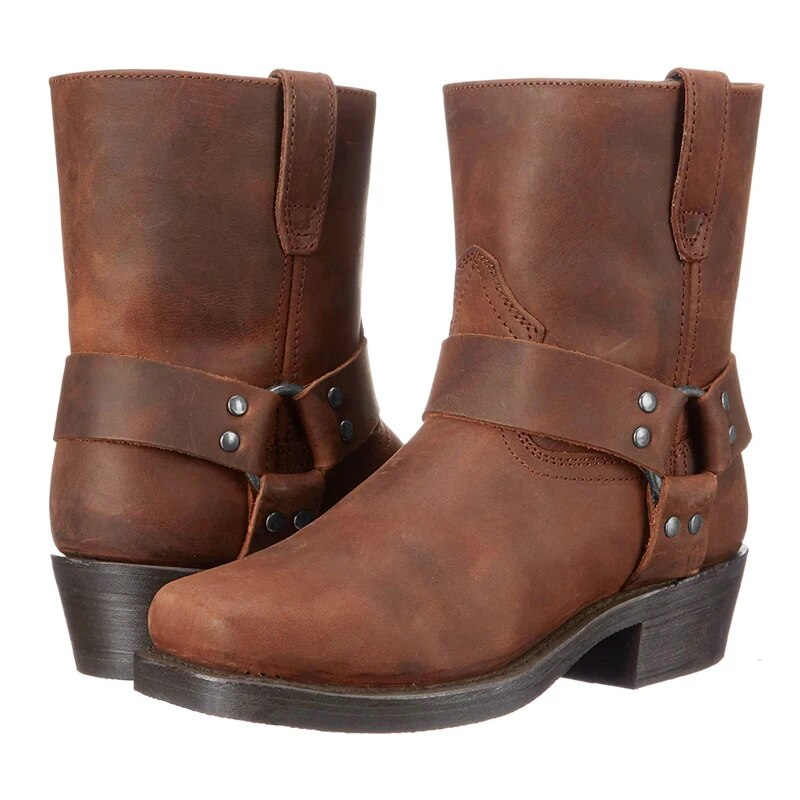 Buty kowbojskie skórzane męskie z gumową podeszwą i wkładką PU | Western