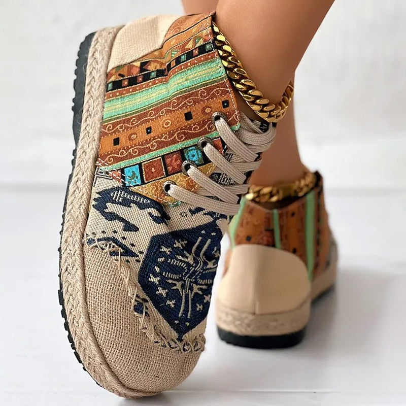 Sneakersy wysokie wzorzyste na platformie sznurowane damskie | Kolekcja boho