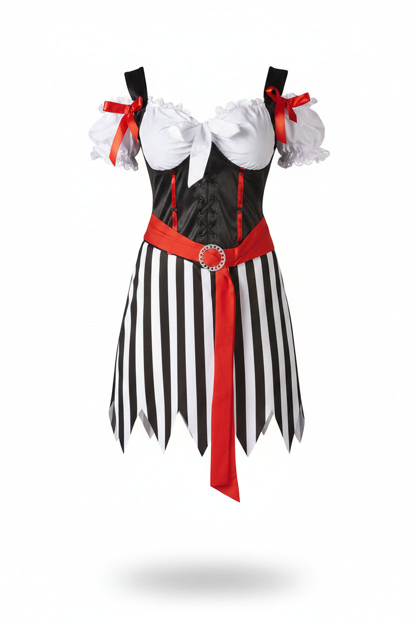 Sukienka damska piracka w paski z bufiastymi rękawami | Strój na Halloween
