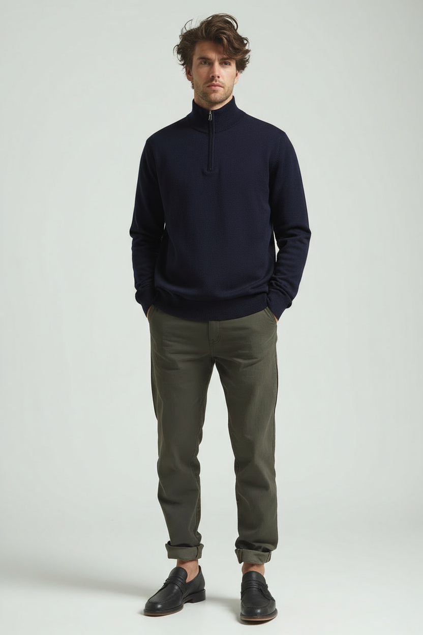 Sweter Męski | Kaptur, Stójka Mock Neck i Krótki Zamek w Slim Fit