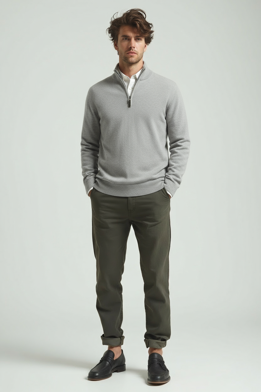 Sweter Męski | Kaptur, Stójka Mock Neck i Krótki Zamek w Slim Fit