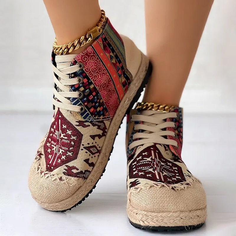 Sneakersy wysokie wzorzyste na platformie sznurowane damskie | Kolekcja boho