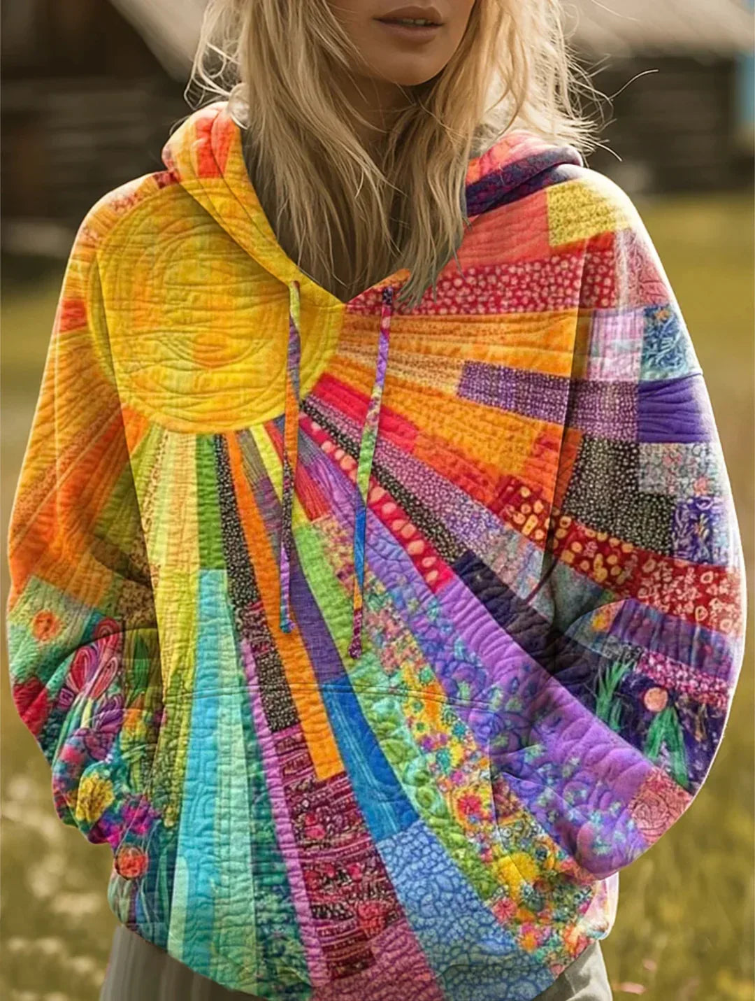 Bluza damska wielokolorowa z kapturem | Wzór słońca patchwork