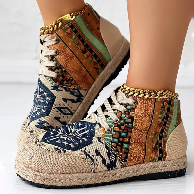 Sneakersy wysokie wzorzyste na platformie sznurowane damskie | Kolekcja boho